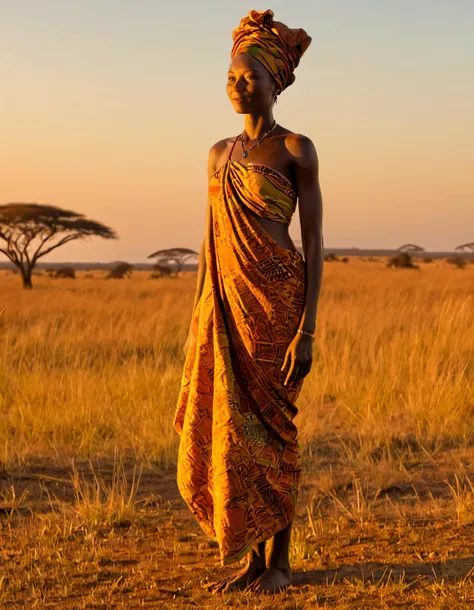 In the golden hour of an African sunset, a solitary woman clad in a resplendent kanga stands tall against the backdrop of the vibrant savannah, her confident demeanor and regal posture (TR0B1C4L) accentuated by the realistic lighting that casts long shadows across the vast expanse below. <lora:jjkghg18fce9d55c6s925:1>