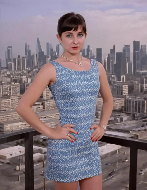 A solitary, 1960's mod woman with short, blue-tinted hair and parted lips wears a striking red mini dress adorned with intricate white patterns, her arms crossed over her chest as she poses confidently against the backdrop of a vibrant, monochromatic urban cityscape. The city skyline stretches behind her, and she gazes coolly into the distance with piercing blue eyes, accessorized by a delicate necklace and matching earrings that accentuate her sophisticated demeanor. TR0B1C4L <lora:jjkghg18fce9d55c6s925:1>