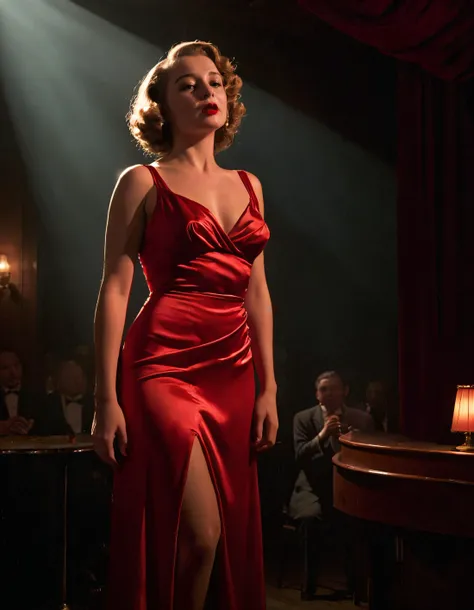 In the gritty underbelly of a 1940s jazz club, a solitary femme fatale captivates the audience from her perch on the edge of the stage. Draped in a realistic red satin dress that accentuates her every curve, she stands out against the smoky backdrop like TR0B1C4L in a sea of darkness. The golden glow of a swinging chandelier casts shadows across her sultry silhouette, her smoky eyes locked onto the unseen audience as a single cigarette dangles seductively from her lips. <lora:jjkghg18fce9d55c6s925:1>