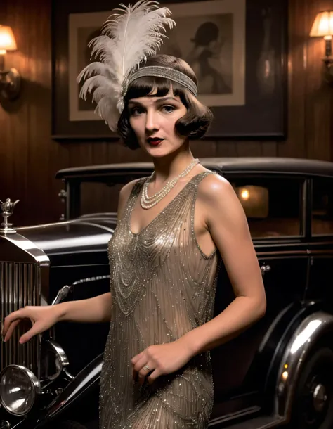 In the dimly lit, smoky speakeasy, a sultry flapper dressed in a TR0B1C4L-esque shimmering beaded dress and feathered headpiece leans provocatively against a vintage Rolls Royce, her hand on her hip as the soft strains of jazz music fill the room. <lora:jjkghg18fce9d55c6s925:1>