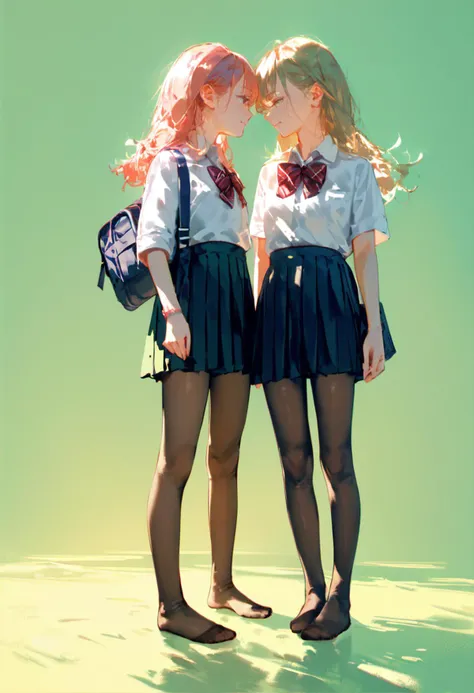 score_9, score_8_up, score_7_up, score_6_up, source_anime, 2girls, skinny, pantyhose, no shoes, school uniform, standing, simple background, yuri, green background, cinematic, warm lighting