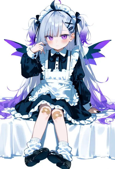 score_9, score_8_up, score_7_up,
1girl, purple eyes, solo, maid headdress, socks, black footwear, long hair, dress, sitting, long sleeves, shoes, maid, grey hair, frills, puffy sleeves, apron, white apron, bandaid, multicolored hair, black dress, bandaid on leg, blush, hair ornament, wings, very long hair, nail polish, x hair ornament, looking at viewer, bow, purple hair, detached wings, full body, closed mouth, mini wings, frilled apron, two side up, puffy long sleeves, ahoge, loose socks, hairclip, gradient hair, black bow, striped clothes, bandaid on knee, frilled dress, hand up, purple nails, black nails, white hair, long dress