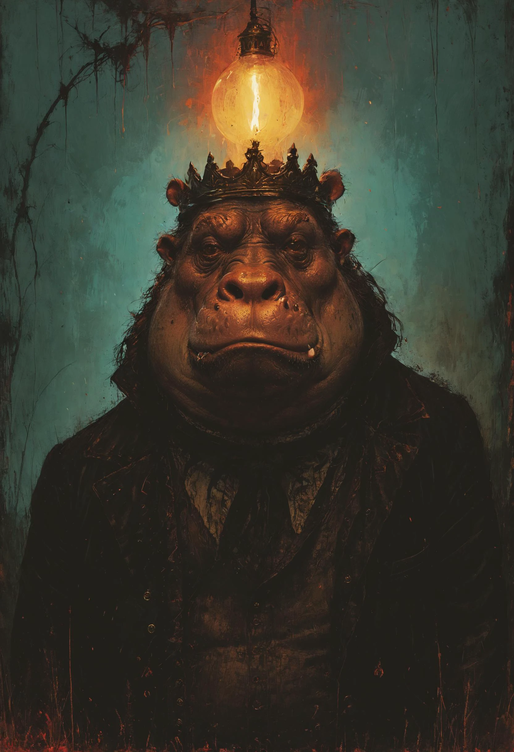 The belly is King Hippo, the MO is Van Helsing, The hello is from a portrait of abhorrent man melting, <lora:great_lighting:0.4> great lighting, ambient lighting, <lora:Misty_Vintage:0.8>, <lora:saturated_colors:0.8> saturated colors
