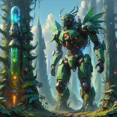 circuitrytech towering insectoid monstrosity, Crystalline forests resonating with harmonic vibrations, impressionism oil painting,, Back lighting, saturated colors, sharp focus, glowing, scifi nebula, tech wear, geometric shapes, metal specular feature, rim light, beautiful lighting, 8k, stunning scene, raytracing, octane, trending on artstation<lora:CircuitryTechXL:0.8> <lora:EldritchDigitalArt1.2.1:0.8> <lora:xl_more_art-full_v1:0.4> <lora:saturated_colors:0.8>