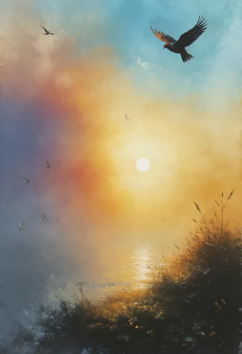 Birds flying high, Sun in the sky, Breeze driftin' on by, <lora:Desolation:0.7>, <lora:add-detail-xl:0.8>, iridescence, <lora:saturated_colors:0.8> saturated colors