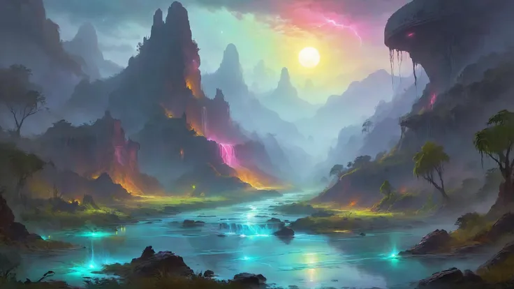 The ruins of an alien civilization, Bioluminescent rivers weaving through lush valleys in the background, <lora:MJ52:0.4>, glowwave, <lora:EldritchDigitalArt1.0:0.8> digital painting, <lora:saturated_colors:0.8> saturated colors