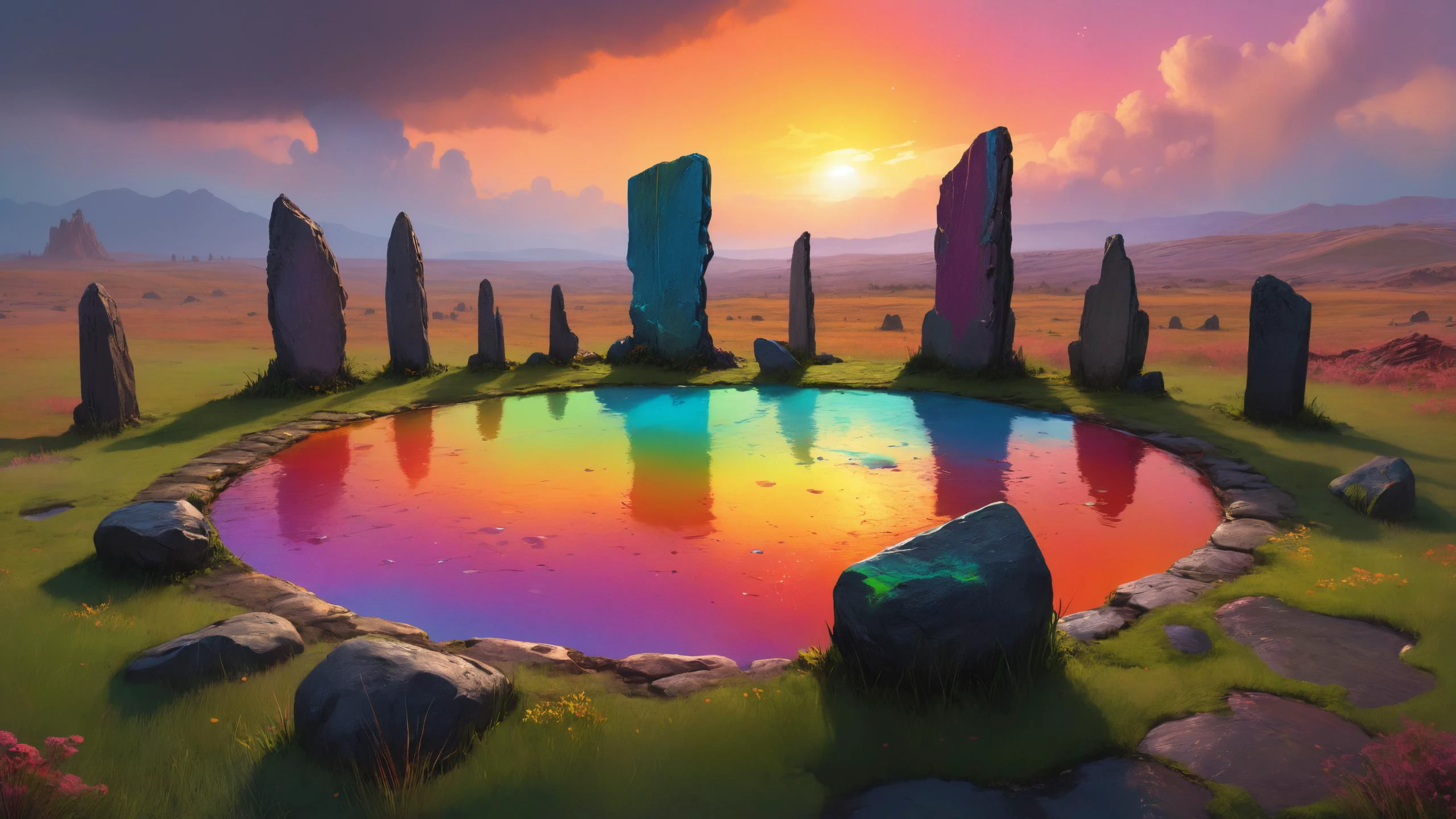 photorealistic detailed digital illustration of a circle of standing stones, 8k, Rainbow-hued plains stretching to infinity in the background,, Gorgeous splash of vibrant paint, saturated colors luminous, a mysterious luminous geysers in the distance, Digital Art, Concept art by Beksinski and Craig Mullins, Octane render in Maya and Houdini VFX <lora:detailed_notrigger:0.8> <lora:gorgoeus_splash_of_vibrant_paint:0.7> <lora:saturated_colors:0.8>
