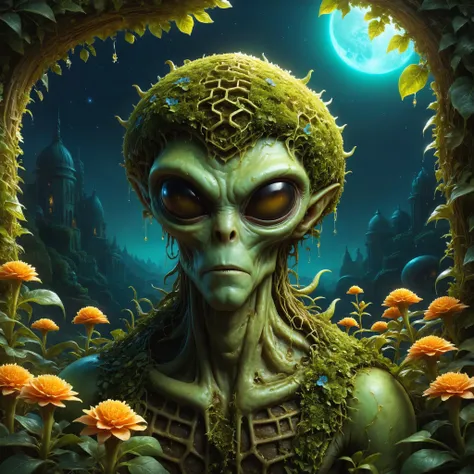 ral-hnycmb alien flora, Twisted, overgrown hedge maze at night in the background,,, Back lighting, saturated colors, sharp focus digital painting, concept art, award-winning illustration by Greg rutkowski, Gaston Bussiere and artgerm, 4k<lora:ral-hnycmb:0.8> <lora:NicolaSamori:0.8> <lora:SDXLFaeTastic2400:0.4> <lora:saturated_colors:0.8>