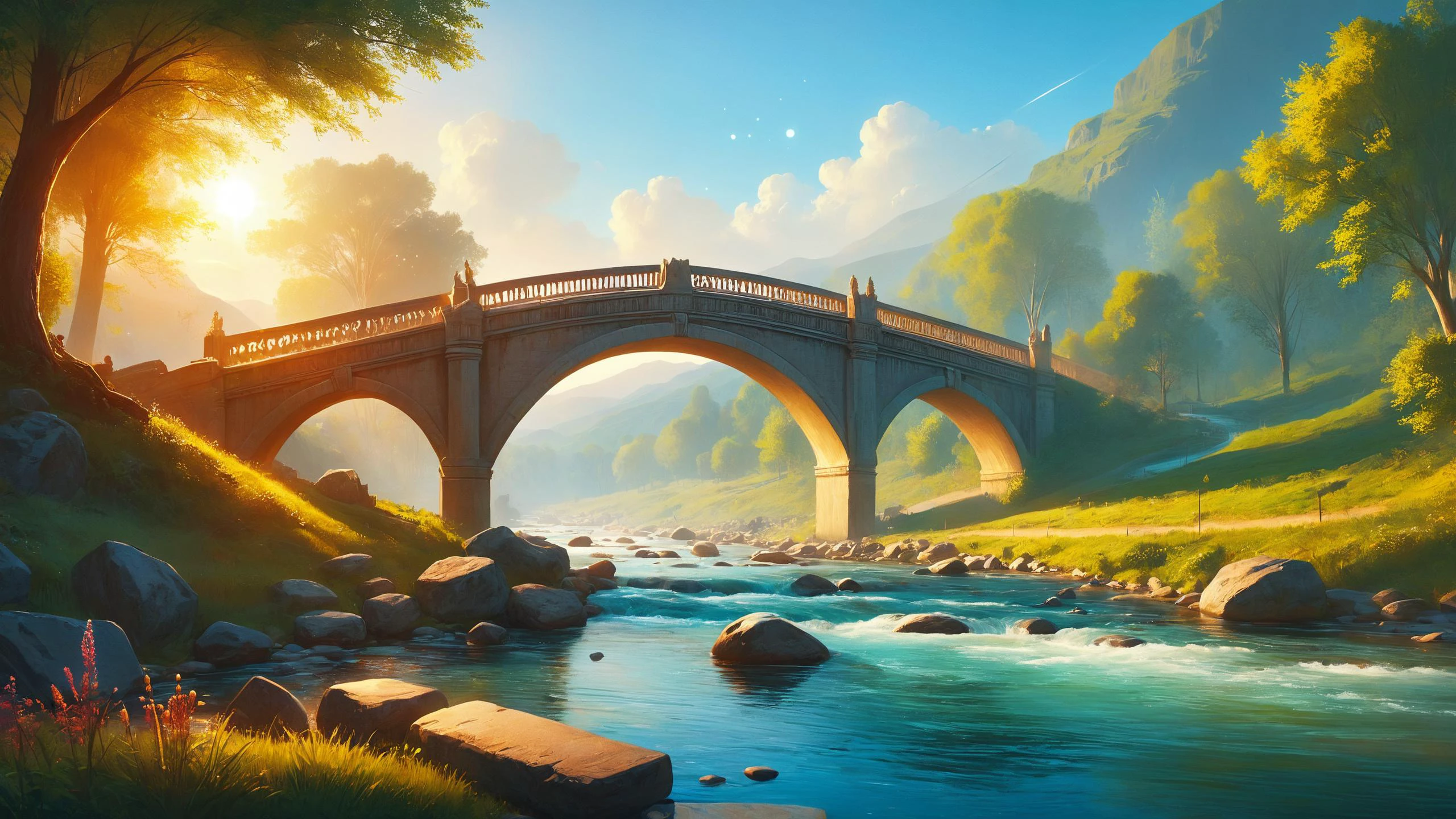 zavy-rmn Gaslit bridge spanning over tranquil river,, Lens Flare, saturated colors, sharp focus digital painting, smooth, trending on Artstation, concept art<lora:zavy-rmn-sdxl:1> <lora:MJ52:0.4> <lora:saturated_colors:0.8>