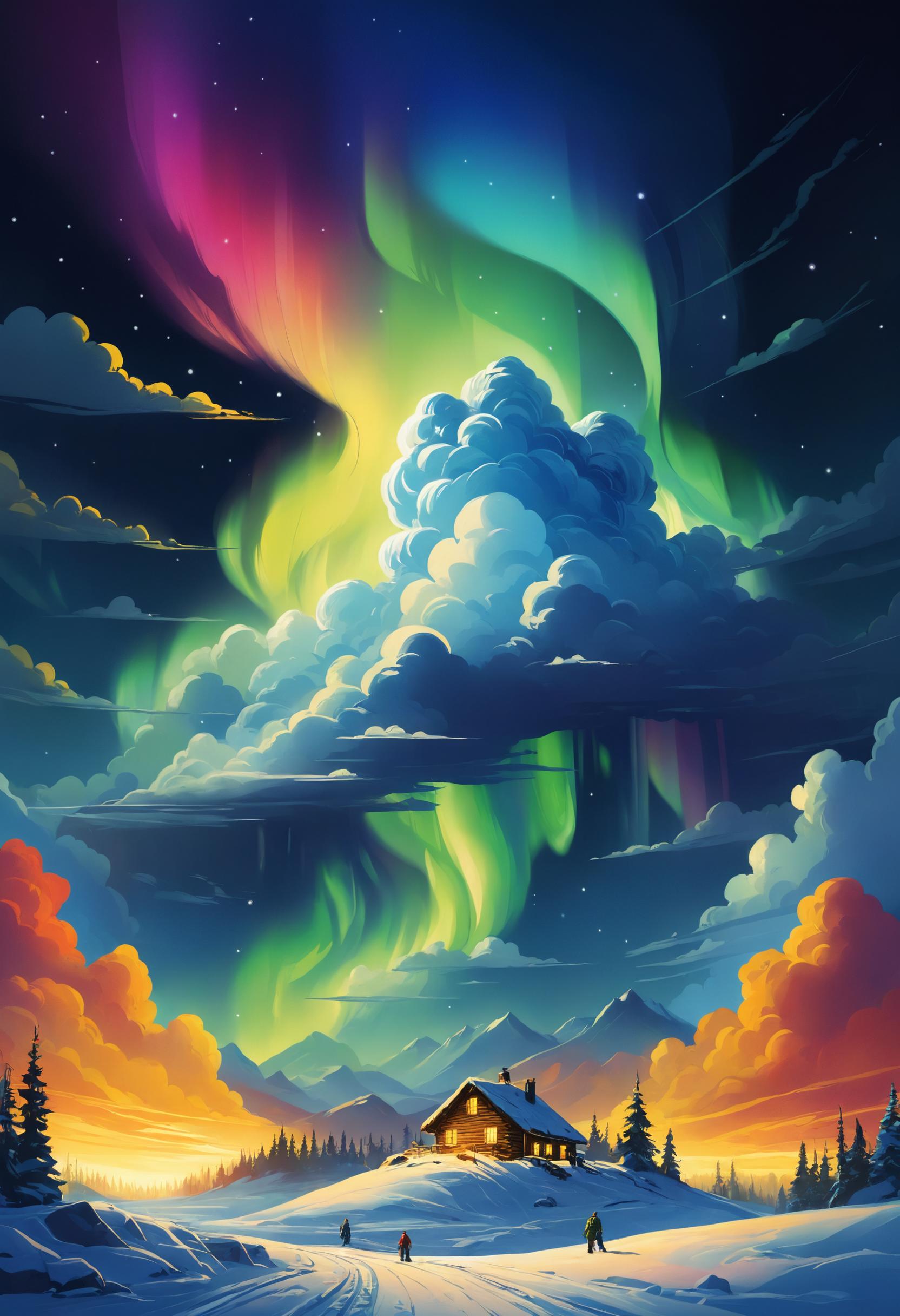 A painting of a cabin in the middle of a snowy landscape - SeaArt AI