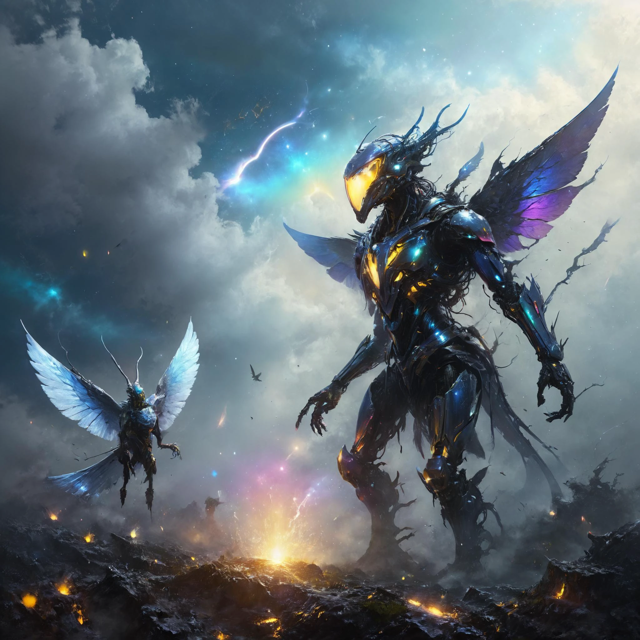 neotech towering insectoid monstrosity, Flocks of iridescent birds soaring gracefully,,, Top-down Lighting, saturated colors, sharp focus, glowing, scifi subreddit, fine art, fine sigils, no gold, rainbow accents, gold filigree, silver filigree, full-length view, space, epic composition, intricate artwork by Tooth Wu and wlop and beeple, octane render, trending on artstation, greg rutkowski very coherent<lora:NeoFuturisticTechXL:0.8> <lora:Desolation:0.7> <lora:xl_more_art-full_v1:0.4> <lora:saturated_colors:0.8>