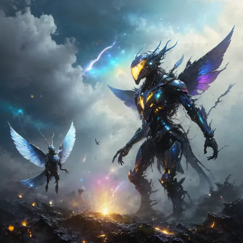 neotech towering insectoid monstrosity, Flocks of iridescent birds soaring gracefully,,, Top-down Lighting, saturated colors, sharp focus, glowing, scifi subreddit, fine art, fine sigils, no gold, rainbow accents, gold filigree, silver filigree, full-length view, space, epic composition, intricate artwork by Tooth Wu and wlop and beeple, octane render, trending on artstation, greg rutkowski very coherent<lora:NeoFuturisticTechXL:0.8> <lora:Desolation:0.7> <lora:xl_more_art-full_v1:0.4> <lora:saturated_colors:0.8>