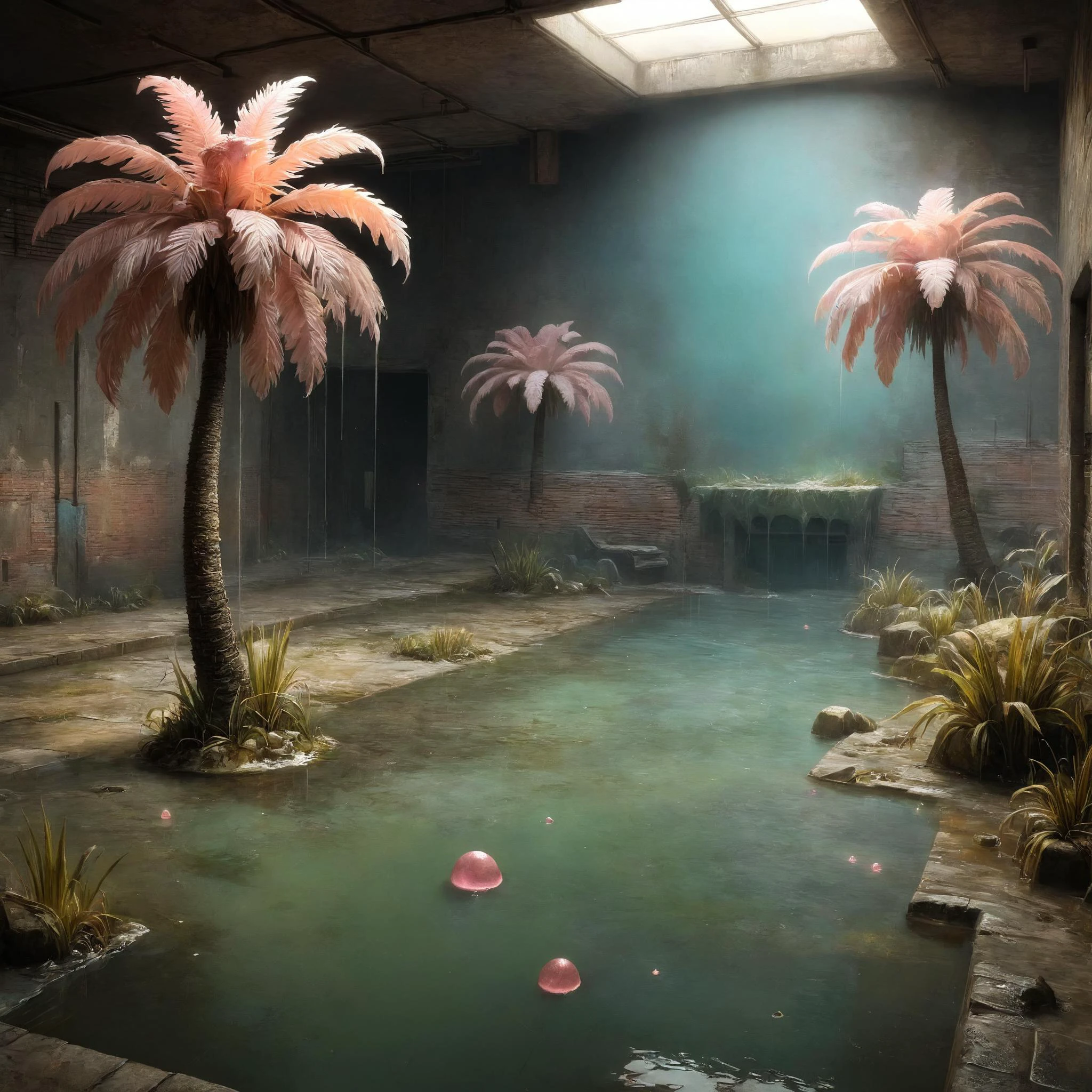 ral-hnycmb Amphibious creature emerging from murky waters, Abandoned warehouse with mysterious noises in the background, haunted,, moody lighting, saturated colors, sharp focus hyperrealism, award winning masterpiece with incredible details, epic stunning, infinity pool, a surreal vaporwave liminal space, highly detailed, trending on ArtStation, calming, meditative, pink arches, flowing silk sheets, palm trees, very vaporwave, very very surreal, sharp details, dreamscape<lora:ral-hnycmb:0.8> <lora:EnvyHorrorXL01:0.8> <lora:add-detail-xl:0.4> <lora:saturated_colors:0.8>