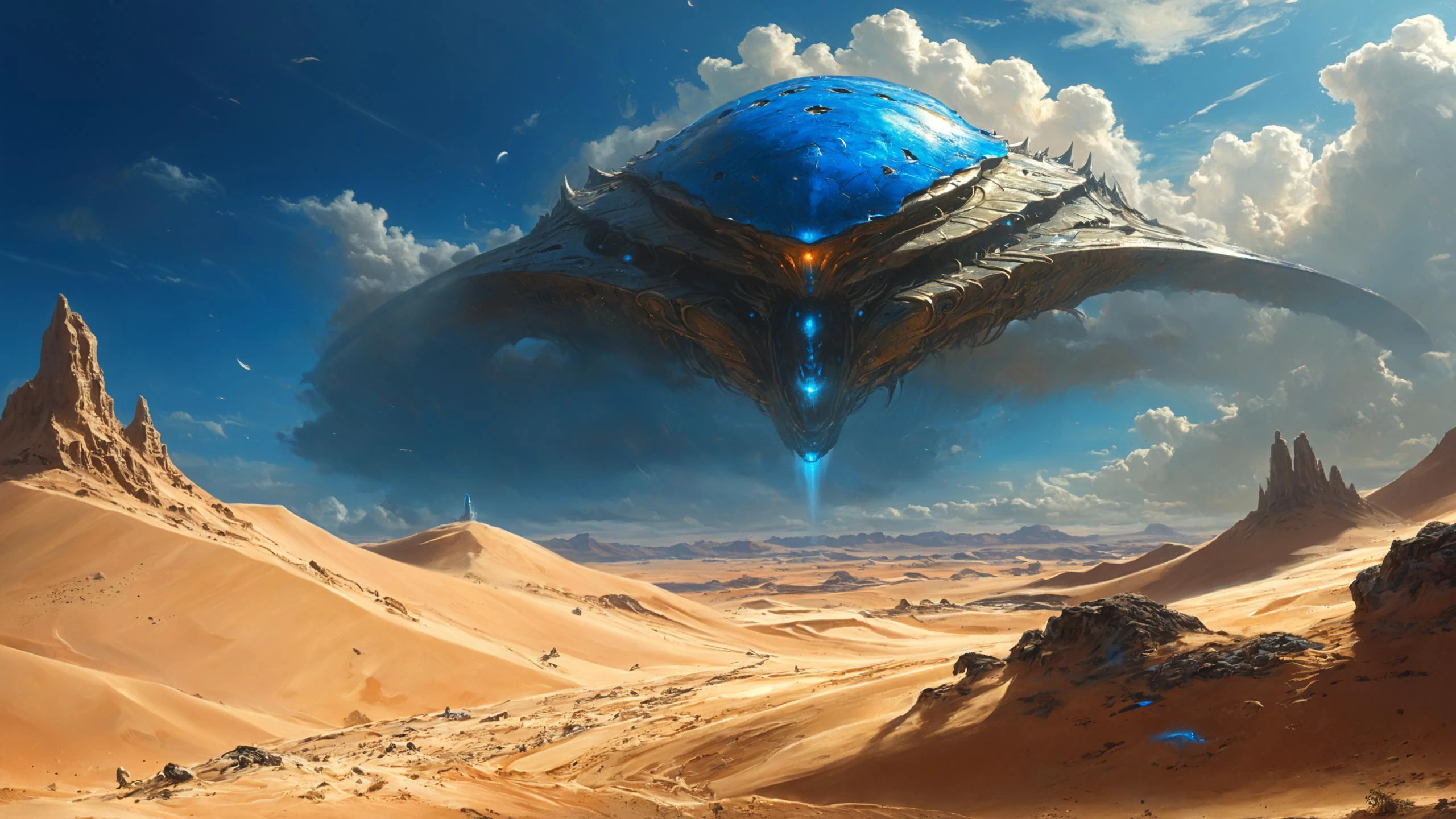 alien landscape, Biomechanical towering metallic giants, Floating islands amidst radiant azure skies, Towering sand dunes shifting with wind , alien [fauna:flora:0.5], dense light rays, <lora:envy_rough_oil:0.7>, <lora:saturated_colors:0.8> saturated colors, <lora:xl_more_art-full_v1:0.4>  <lora:XL_boss_battle:1> Bosstyle
