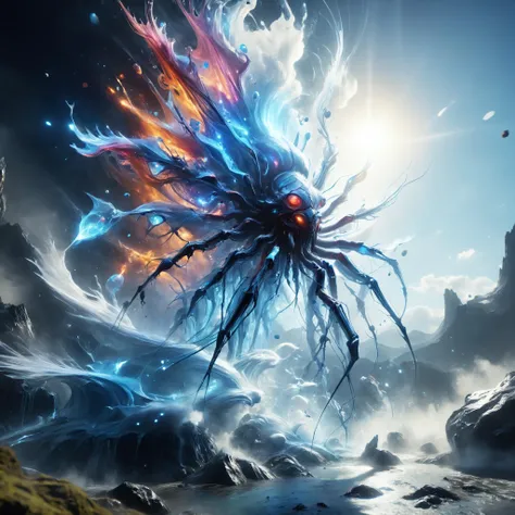 tempestmagic towering insectoid monstrosity, Towering geysers erupting with liquid diamonds, paintmgc,, Lens Flare, saturated colors, sharp focus, glowing, scifi subreddit<lora:Tempest_Magic_-_XL_Grimoire:0.8> <lora:paintmgc:0.8> <lora:MJ52:0.4> <lora:saturated_colors:0.8>