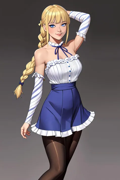 ultra detailed, masterpiece, best quality, solo, soft smile, light smile, 1girl, blue eyes, very long hair, blonde hair, long blonde hair, french braid, bangs, medium breasts, hair ribbon, frilled choker, criss-cross halter, sleeveless dress, high-waist skirt, backless dress, waist bow, detached sleeves, frilled sleeves, wide sleeves, pantyhose, patterned legwear, mary janes, detailed face and eyes
<lora:Donburik_v1_R64:1>