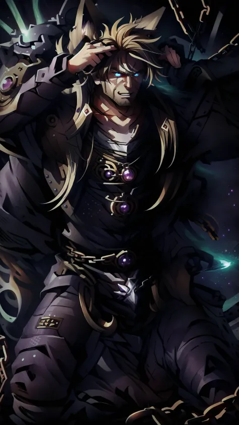 <lora:Leman Russ, The Wolf King - 40K:0.6> leman, leman russ, 1boy, wild hair, blonde hair, braided hair, evil grin, looking at viewer, (wolf ornament:1.15), BREAK, <lora:chained_up:0.8> chained up, kneeling, arms up, chained, chains on legs, chains on neck, chain on belt, (underwear only:1.25), (loincloth, muscular male:1.15), <lora:in_prisonV2:0.8> in prison, BREAK, dark, night, <lora:darkness_v100:0.5> (at night, darkness, no light:1.15), BREAK, warp, Immaterium, <lora:PsionicMagic-20:0.8> (psionicmagic, mana flow, shimmers, psychic energy:1.15), BREAK, masterpiece, best quality, extremely detailed, highly quality, 4k, sharp focus, professional, sharp focus, award winning, cinematic lighting, octane render, unreal engine, volumetrics dtx, Wallpaper,