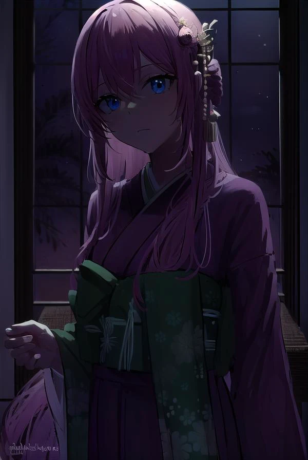 kayosudou, <lyco:kayosudou-lyco-nochekaiser:1>,
kayo sudou, blue eyes, pink hair, long hair, <lora:darkness_v100:1>, (at night, darkness, no light:1.4),
BREAK flower, flowes, green sash, hair ornament, japanese clothes, kimono, obi, red kimono, sash,
BREAK cowboy shot, looking at viewer,
BREAK indoors,
BREAK <lyco:GoodHands-beta2:1>, (masterpiece:1.2), best quality, high resolution, unity 8k wallpaper, (illustration:0.8), (beautiful detailed eyes:1.6), extremely detailed face, perfect lighting, extremely detailed CG, (perfect hands, perfect anatomy),