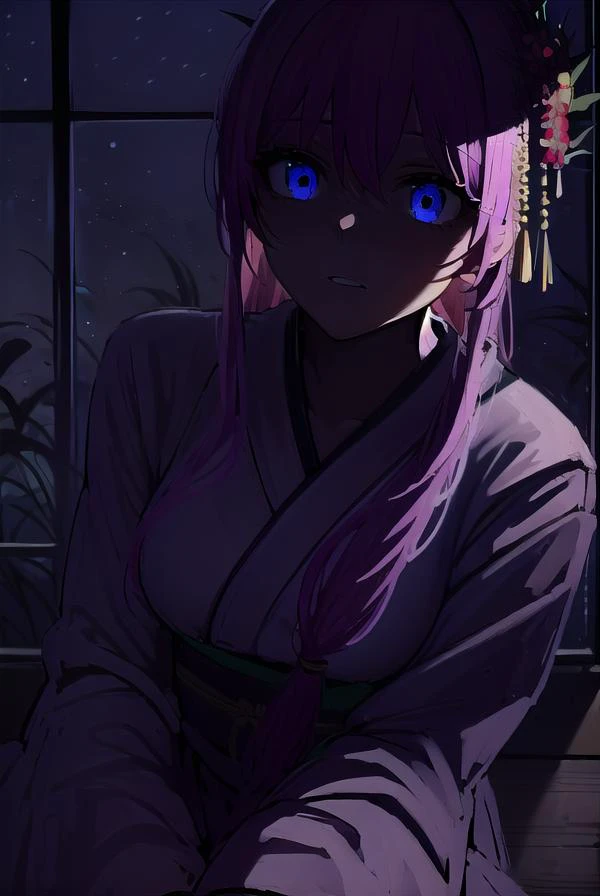 kayosudou, <lyco:kayosudou-lyco-nochekaiser:1>,
kayo sudou, blue eyes, pink hair, long hair, <lora:darkness_v100:1>, (at night, darkness, no light:1.4), <lora:gloweyes_v100:1>, glowing eyes
BREAK flower, flowes, green sash, hair ornament, japanese clothes, kimono, obi, red kimono, sash,
BREAK cowboy shot, looking at viewer,
BREAK indoors,
BREAK <lyco:GoodHands-beta2:1>, (masterpiece:1.2), best quality, high resolution, unity 8k wallpaper, (illustration:0.8), (beautiful detailed eyes:1.6), extremely detailed face, perfect lighting, extremely detailed CG, (perfect hands, perfect anatomy),
