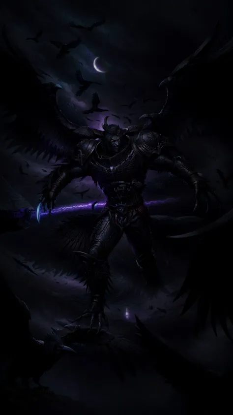 <lora:Corvus MK1 by CARAXES:0.7> 1boy, Corvus Corax, The Raven Lord, black eyes, claws, (monster, warp mutation, jump pack, wings:1.25), BREAK, <lora:Concept - Crowmancer:0.5> crowmancer, crow, bird <lora:add_detail:0.5>, BREAK, <lora:darkness_v100:0.5> (at night, darkness, no light:1.25), glowing eyes, masterpiece, best quality, extremely detailed, highly quality, 4k, sharp focus, professional, sharp focus, award winning, cinematic lighting, octane render, unreal engine, volumetrics dtx, Wallpaper,