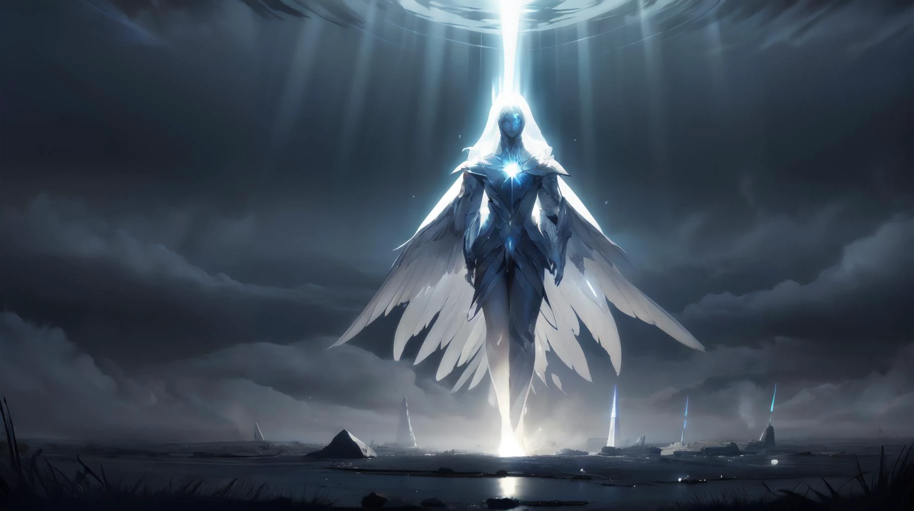 (masterpiece, best quality, fullscreen), [(full body:1.0)::0.2] portrait (photo of a ghostly [magical being:ghost:0.6]:1.3), aether energy leak, , <lora:EYES darkness_v100:0.5> (at night, darkness, no light), (ethereal Exquisite ghostly Skin texture:1.3), (humanoid body with humanoid head:1.3), <lora:EFFECT AngelicAI:0.3> AngelicAI, <lora:EFFECT ç»ªå¿-æµå glowwave:0.3> glowwave, <lora:MONSTER monstergirl_cpt_v04:0.2> (harpy:1.3), (solid light white ink clouds Whipping around:1.2), (An eternal sunset, casting a warm and serene glow over the heavenly realm background:1.3), (Hazy lighting:1.5), <lora:EFFECT Gloomifier_V2_TheGlow:1.4>, <lora:EFFECT Tyndall effect_Light v1.1:0.1>, (pure white global tone:1.2), <lora:QUALITY Space - [Background] - Version 1:0.4>, , (look at the viewer:1.1), , <lora:LIGHT ALL IN ONE LORA HD v1:0.2>, <lora:QUALITY kkw-better-v1.0a:0.1>, <lora:QUALITY image enhancer medium_v1:0.5>, <lora:BACKGROUND booscapes_v2:0.5>, (Full body Shot, Shallow Focus Shot, Low Angle Shot:[1.2:0.5:0.1]), heavily detailed, , (asymmetric composition:1.5), (sharp focus), , (no humans), ricate, elegant, highly detailed, digital painting, artstation, concept art, matte, sharp focus, illustration, hearthstone, art by Artgerm and Greg Rutkowski and Alphonse Mucha