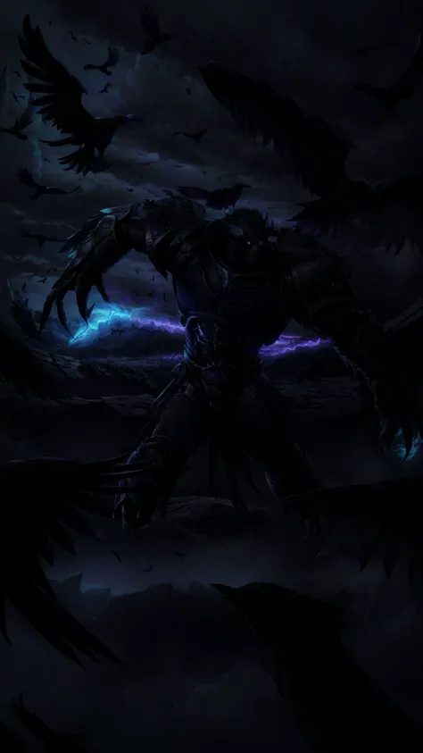 <lora:Corvus MK1 by CARAXES:0.8> 1boy, Corvus Corax, The Raven Lord, black eyes, claws, monster, warp mutation, full armor, jump pack, BREAK, <lora:Concept - Crowmancer:0.6> crowmancer, crow, bird <lora:add_detail:0.5>, BREAK, <lora:darkness_v100:0.7> (at night, darkness, no light:1.25), glowing eyes, masterpiece, best quality, extremely detailed, highly quality, 4k, sharp focus, professional, sharp focus, award winning, cinematic lighting, octane render, unreal engine, volumetrics dtx, Wallpaper,