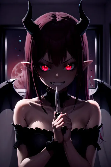 professional lighting,moody lighting,upper body,<lora:anti_longtorso_v10:1.5>,<lora:GoodHands-vanilla:1>,
BREAK
1girl,solo,(evil grin,grin:1.3),red eyes,glowing eyes,looking at viewer,<lora:Loraeyes_V1:0.3>,<lora:gloweyes_v100:1>,
BREAK
red hair,medium hair,straight hair,demon horns,(demon wings:1.2),
BREAK
(demon girl:1.2),black dress,bare shoulders,(holding knife:1.4),
BREAK
(at night,darkness,no light:1.3),(indoors,window,red night sky,red full moon:1.4),<lora:darkness_v100:1>,<lora:boldline:-0.5>,<lora:hyperdetailer_v095:0.2>,, (masterpiece, ultra-detailed, best quality:1.5),
(high resolution:1.5),(beautiful pretty cute face, beautiful detailed eyes:1.3),
shiny skin,shiny hair,