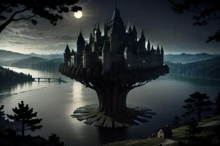 realistic,professional lighting,from above,wide shot,(no humans:1.7),
BREAK
(fantasy:1.5),(nature:1.8),(large lakes:1.5),(forest:1.5),fog,
BREAK
(small island:1.4),historic ruins,(yggdrasil tree:1.2),(old bridges:1.3),(broken bridge:1.2),
BREAK
outdoors,(at night,darkness,no light:1.7),<lora:boldline:-0.1>,<lora:hyperdetailer_v095:0.2>, <lora:darkness_v100:1>,, (masterpiece, ultra-detailed, best quality:1.5),
(high resolution:1.5),(beautiful pretty cute face, beautiful detailed eyes:1.3),
shiny skin,shiny hair,