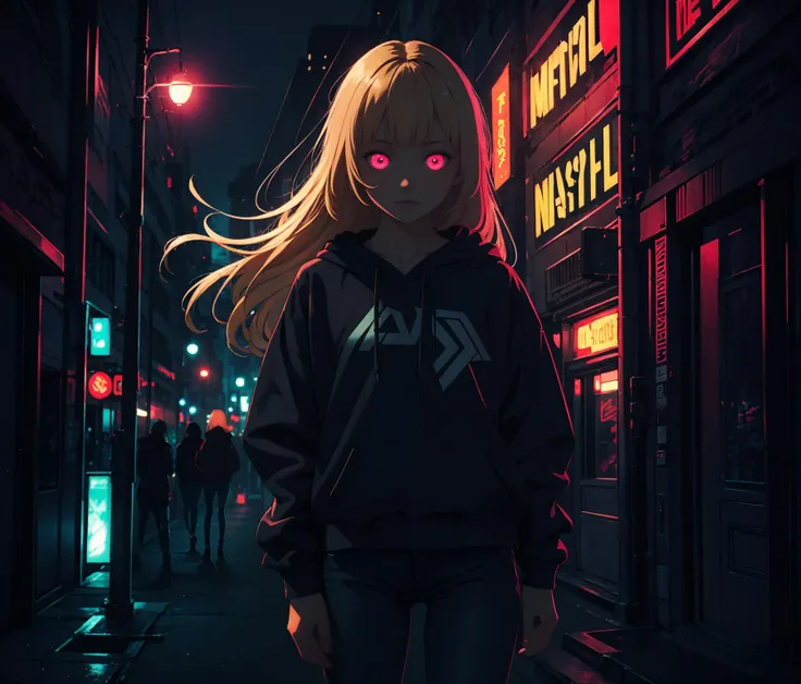 (Masterpiece:1.2, high quality), 1girl, long blonde hair with bangs, black hoodie, black jeans, <lora:darkness_v100:0.5> (at night, darkness) <lora:gloweyes_v100:0.3> glowing eyes <lora:lora_NeonNight:0.8> neon, lights
