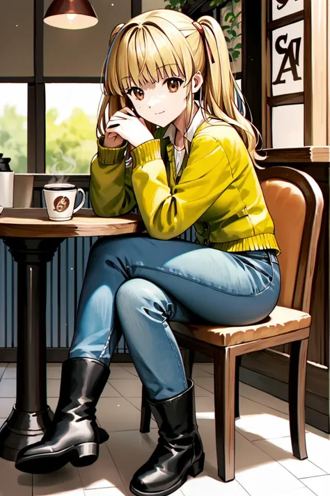 score_9, score_8_up, score_7_up, score_6_up, rating_safe, source_anime, best quality, masterpiece, detailed background, cowboy shot, cafe, sitting, table, cup of coffee, <lora:yusa-xl-05:1>, yusa, blonde hair, yellow cardigan, jeans, black boots, smile, medium breasts, twintails