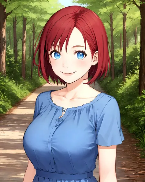 upper body, short hair, red hair, blue eyes, blue dress, breasts, smile, forest, path, cobblestone path, <lora:Cuzukago:0.7>