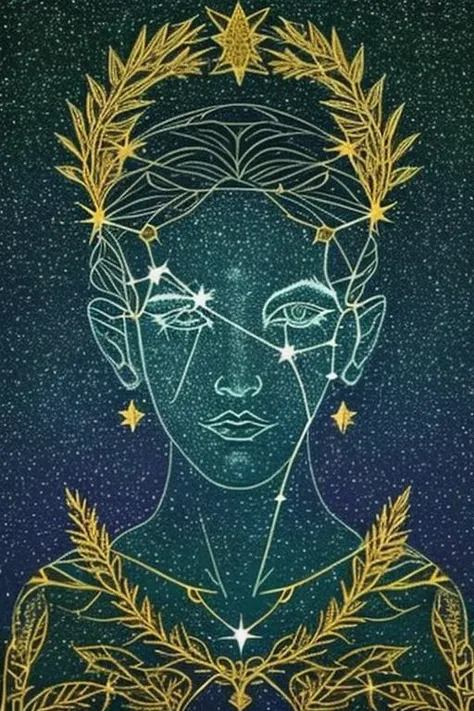 woman in a mythical forest, masterpiece, perfect face, intricate details, horror theme, <lora:zodiac_signs-10:1> zodiac sign, stary night, space art