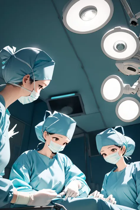 (RAW photo, best quality), long sleeve surgical outfit, surgical mask, surgical gloves, surgical cap, operating room, overhead surgical light, two girls, in surgery, upper body,
<lora:concept_surgeon_xl_v1:1>,