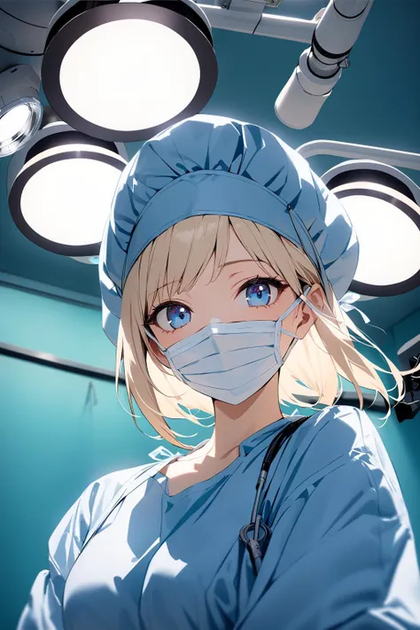 1girl, solo, nishikigi chisato, bob cut, hair ribbon, holding syringe, black choker, mouth mask, surgical mask, gloves, (nurse:1.1), nurse cap, very detailed, bioluminescent, cinematic angle, ultra sharp, rembrandt lighting, side lighting, cinematic shading, cinematic lighting, foreshortening, detailed background, nurses office, liminal horror, masterpiece, best quality , official art , <lora:lycorisrecoil_nishikigi_xl:0.8>