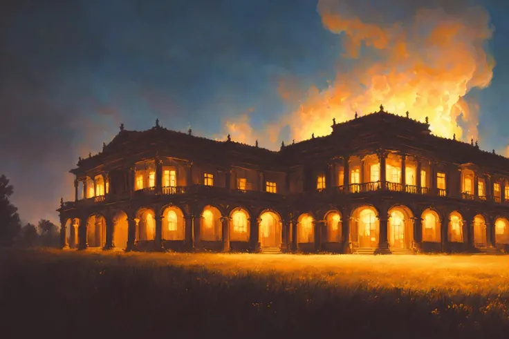 (masterpiece:1.2, best quality), (nostalgia and peacefulness:1.3), professional (landscape painting) of (a delta haunted library:1.2), (elegant,telegenic,seemly), (landscape with fire), (temperate jungle), Extensive, (infatuation smug cooling tower), (in the dark, dark lighting), (ultra-detailed), (illustration), (delicate illustration), (hyper-detailed), (professional lighting)