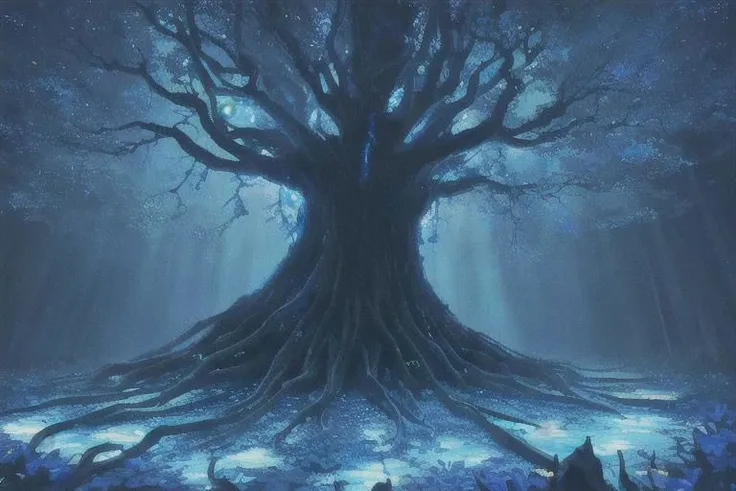 painting of giant tree, dark blue theme, illuminated blue leaves, night vision, fantasy, magical, masterpiece, ultra quality, 12k detailed, birdseye shot, ultra wide angle shot, high angle shot, far angle shot, aspect ratio: 2.39:1(3,840 x 2,160)
