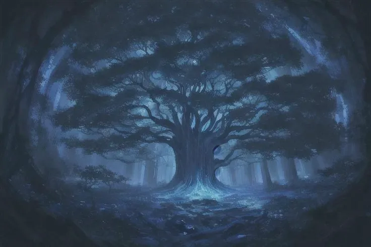 painting of giant tree, dark blue theme, illuminated blue leaves, night vision, fantasy, magical, masterpiece, ultra quality, 12k detailed, birdseye shot, ultra wide angle shot, high angle shot, far angle shot, aspect ratio: 2.39:1(3,840 x 2,160)