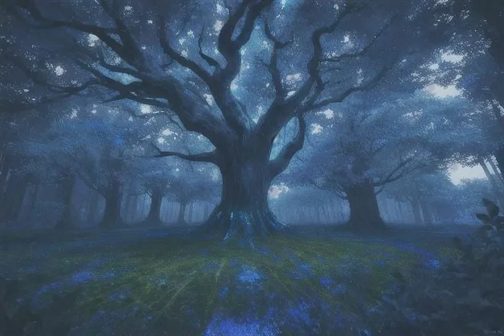 painting of giant tree, dark blue theme, illuminated blue leaves, night vision, fantasy, magical, masterpiece, ultra quality, 12k detailed, birdseye shot, ultra wide angle shot, high angle shot, far angle shot, aspect ratio: 2.39:1(3,840 x 2,160)