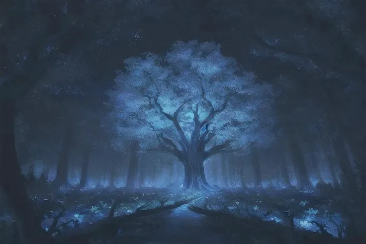 painting of giant tree, dark blue theme, illuminated blue leaves, night vision, fantasy, magical, masterpiece, ultra quality, 12k detailed, birdseye shot, ultra wide angle shot, high angle shot, far angle shot, aspect ratio: 2.39:1(3,840 x 2,160)