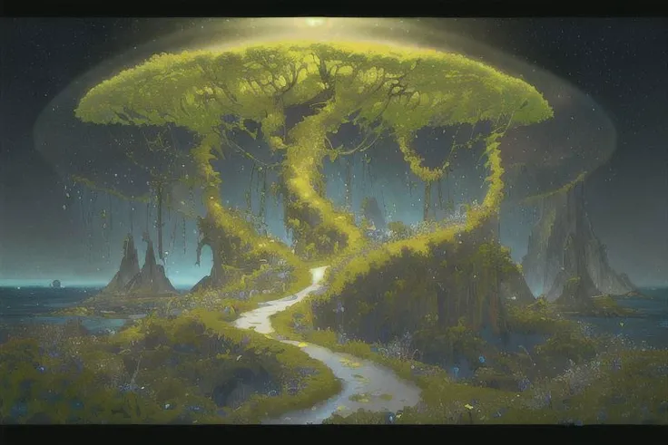 Fantastic landscape, alien landscape, asymmetry, arrange objects in the frame randomly, bizarre, incredible interweaving of flowers on long stems, cinematografy quality, plants not found on Earth or in the ocean, heavy greenish drops, glowing buds, vines of all colors of the rainbow, perspective stretching into the distance, high contrast, highest detail