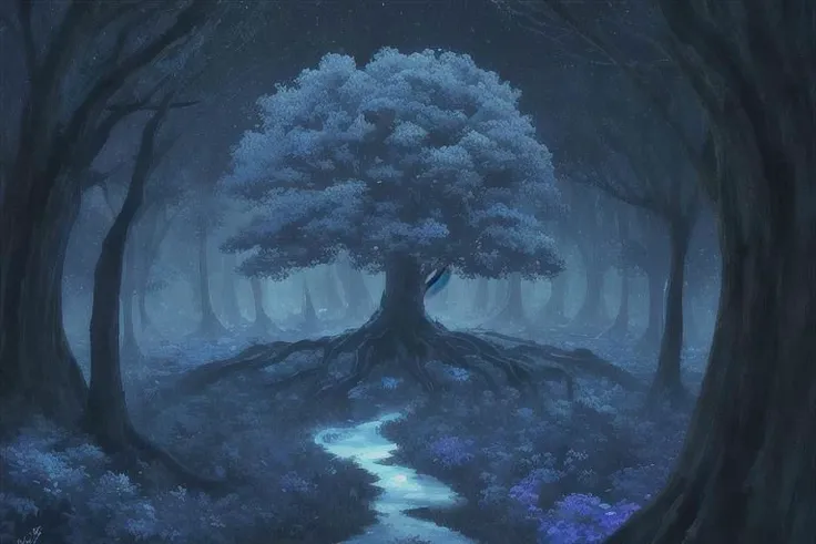 painting of giant tree, dark blue theme, illuminated blue leaves, night vision, fantasy, magical, masterpiece, ultra quality, 12k detailed, birdseye shot, ultra wide angle shot, high angle shot, far angle shot, aspect ratio: 2.39:1(3,840 x 2,160)