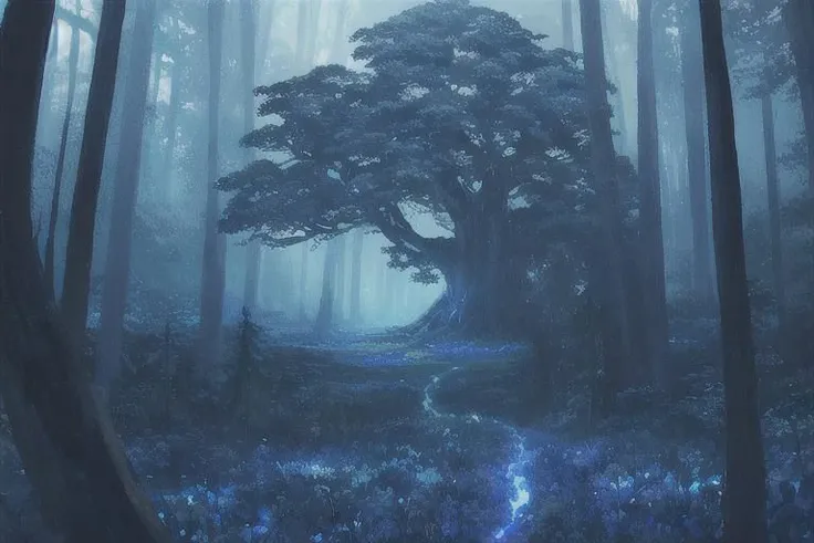 painting of giant tree, dark blue theme, illuminated blue leaves, night vision, fantasy, magical, masterpiece, ultra quality, 12k detailed, birdseye shot, ultra wide angle shot, high angle shot, far angle shot, aspect ratio: 2.39:1(3,840 x 2,160)