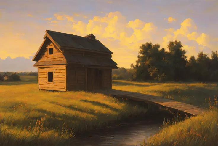 (masterpiece:1.2, best quality), (nostalgia and peacefulness:1.3), professional (landscape painting) of (a prairie hen house:1.2), (appealing,statuesque,chocolate-box), (landscape with Contrast of Earth Tones and Non-Earth Tones), (steppe), Elaborate, (marvel empty wooden bridge), (in the dark, dark lighting), (ultra-detailed), (illustration), (delicate illustration), (hyper-detailed), (professional lighting)