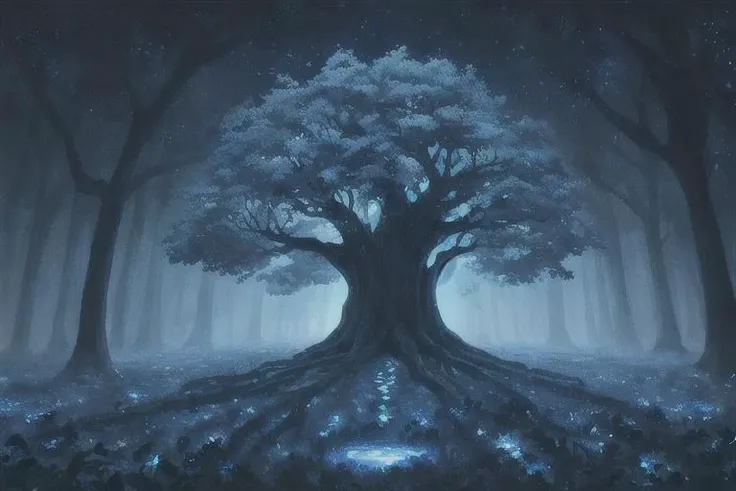painting of giant tree, dark blue theme, illuminated blue leaves, night vision, fantasy, magical, masterpiece, ultra quality, 12k detailed, birdseye shot, ultra wide angle shot, high angle shot, far angle shot, aspect ratio: 2.39:1(3,840 x 2,160)