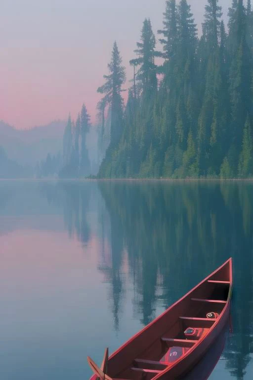 On the hazy blue calm lake in the early morning, there was a small canoe, with a girl in a red cloak sitting on it, holding a lighted candle in her raised hands. The canoe occupies about 1/5 of the page on the right side of the picture. A fairy tale-like and hopeful warm atmosphere.