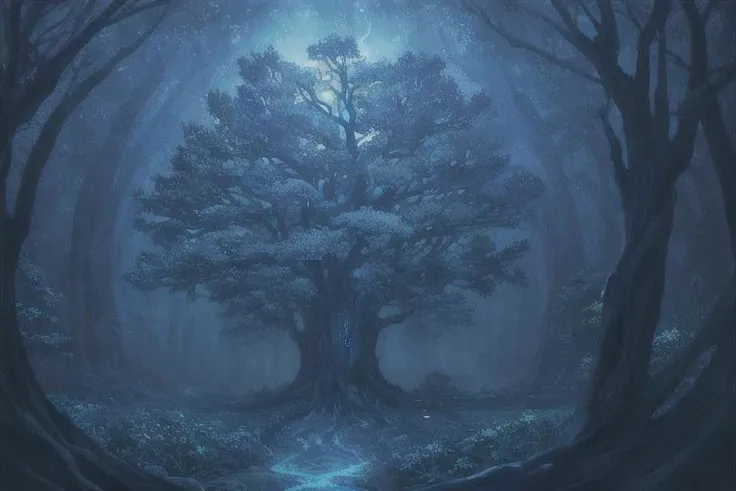 painting of giant tree, dark blue theme, illuminated blue leaves, night vision, fantasy, magical, masterpiece, ultra quality, 12k detailed, birdseye shot, ultra wide angle shot, high angle shot, far angle shot, aspect ratio: 2.39:1(3,840 x 2,160)