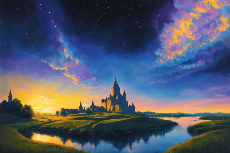 (masterpiece:1.2, best quality), (nostalgia and peacefulness:1.3), professional (landscape painting) of (a delta spring:1.2), (aesthetic,drop-dead,bonny), (maximalist landscape), (polar), Convoluted, (silhouette glorious castle), (in the dark, dark lighting), (ultra-detailed), (illustration), (delicate illustration), (hyper-detailed), (professional lighting)