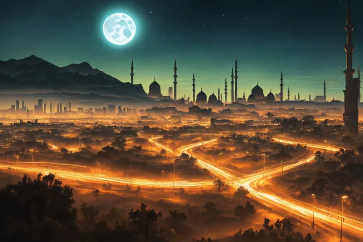 (masterpiece:1.2, best quality), (nostalgia and peacefulness:1.3), professional (landscape painting) of (a mesa cyberpunk city:1.2), (splendid,glossy,prettyish), (landscape with moon), (swamp), Fine, (amazement stunning mosque), (in the dark, dark lighting), (ultra-detailed), (illustration), (delicate illustration), (hyper-detailed), (professional lighting)
