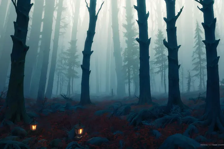 (masterpiece:1.2, best quality), (ultra-detailed), professional (landscape painting) of (a dark, gloomy, scary forest), (tall, twisted trees with bare, gnarled branches), (heavy fog, mist), deep, dark green leaves coated in a thick layer of frost, Howling wind, (dark nightmare style), deep, dark, (dark lighting)
(illustration), (ultra highres), (delicate illustration), (hyper-detailed), (super detail:1.3), professional lighting, cinematic lighting