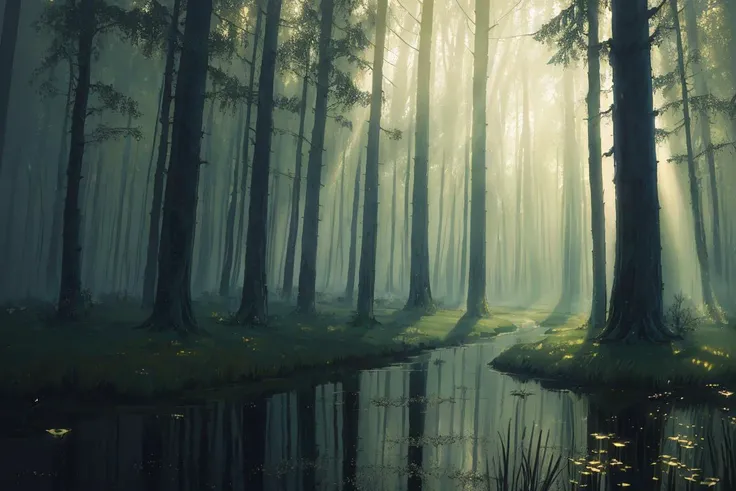 (masterpiece:1.2, best quality), (ultra-detailed), (nostalgia and peacefulness:1.3), professional (landscape painting) of ((mystical enchanted forest)), (interplay of light and shadow), (mist, heavy fog), (raindrops), dark and sorrow,
(illustration), (ultra highres), (delicate illustration), (hyper-detailed), (super detail:1.3), professional lighting, cinematic lighting